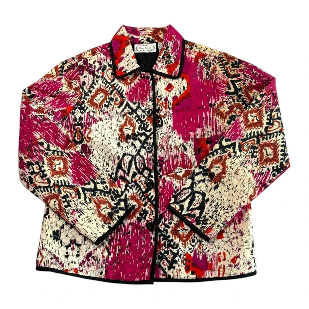 Vintage Y2K Lightweight Quilted Jacket Sz M Wearable Art Abstract Print Eclectic